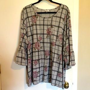Grey Plaid/Floral Blouse w/Bell Sleeve